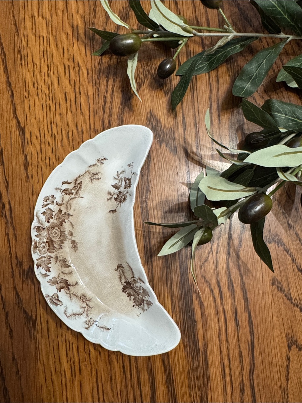 Vintage Floral Crescent Serving Dish - Brown and Cream